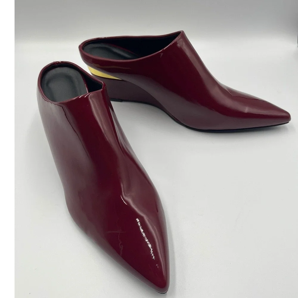 Burgundy Patent Pointed Toe Mule Wedge Heels Gold Accent Womens Size 11 EU42